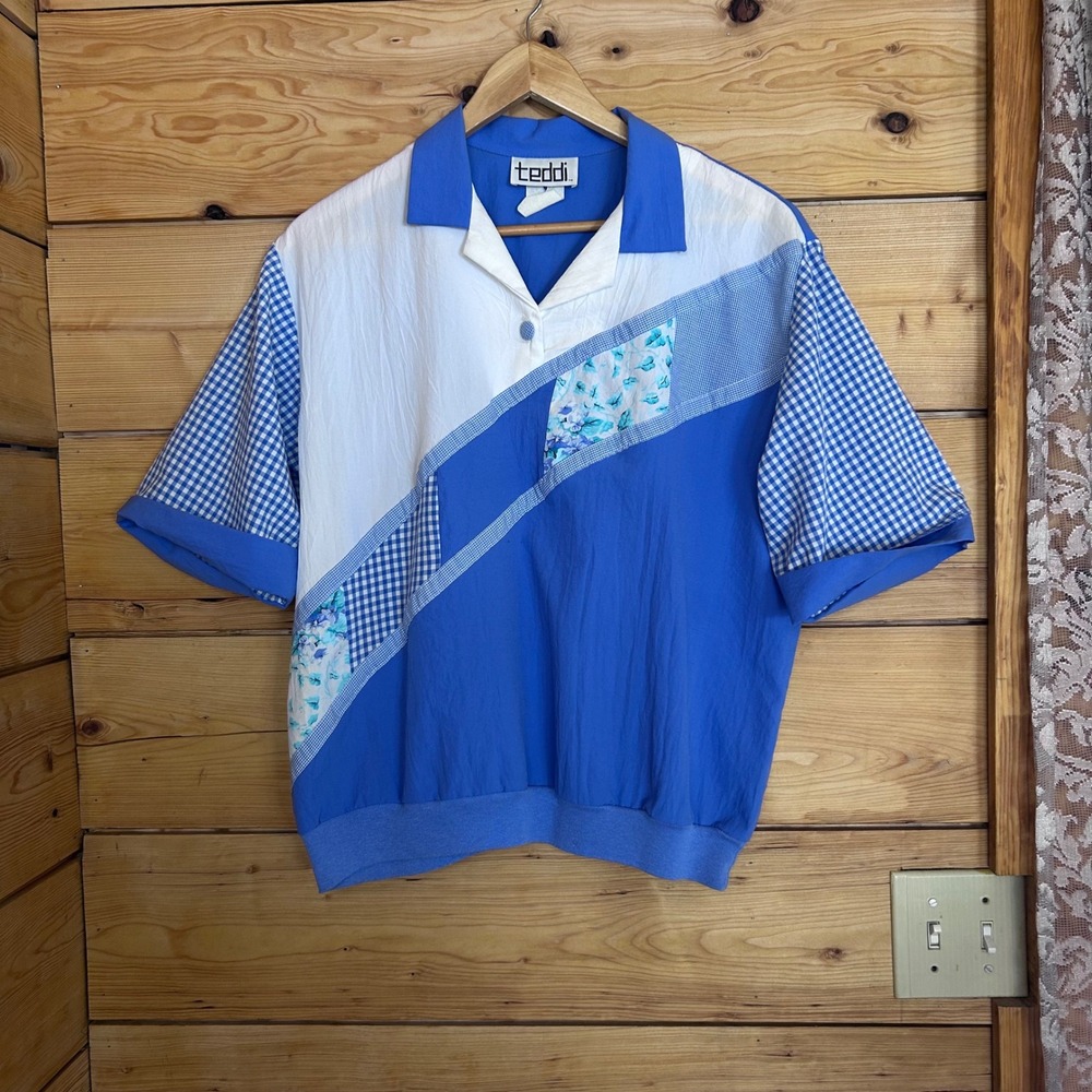 Vintage Colorblock Patchwork Blouse Womens Large Blue Retro Gingham Floral Teddi